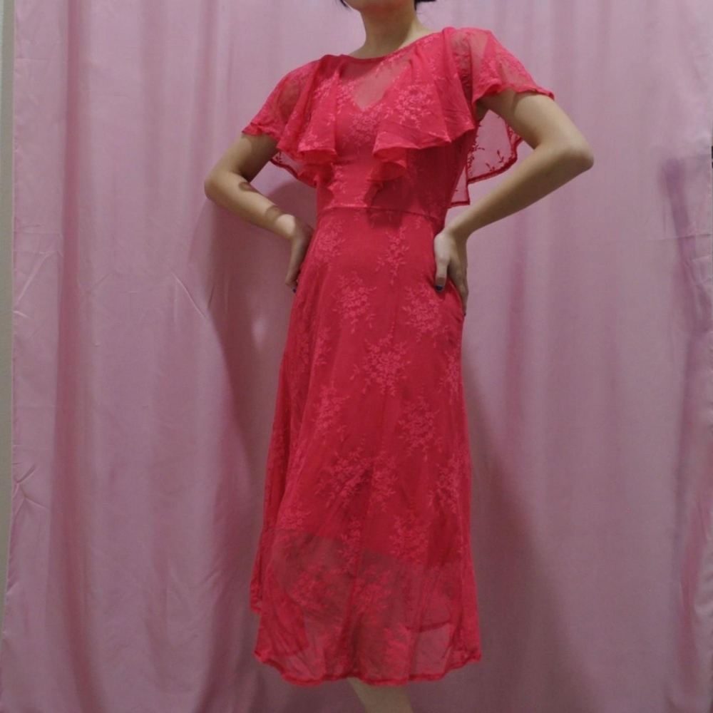 Hot Pink Floral Mesh/Lace Midi Dress (Size 2) - Picture 5 of 5